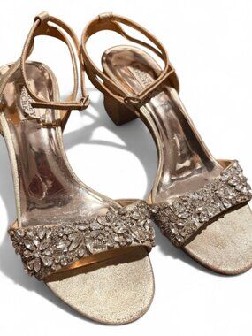 Badgley Mischka || Embellished Gold Open Toe Sandals with Ankle Strap || S